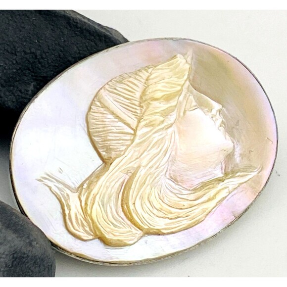 Fabulous Mother of Pearl Cameo Sterling Silver Brooch Pin Antique Victorian - Picture 3 of 7